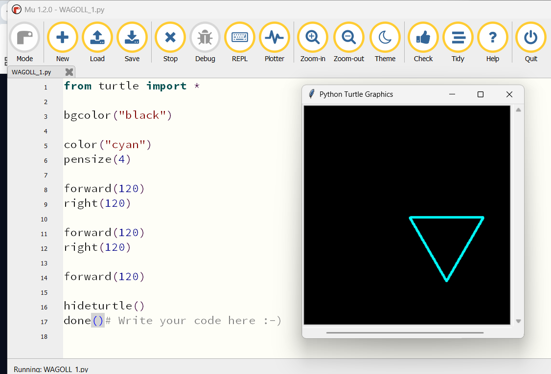 WAGOLL Turtle output showing a successful shape created with sequence and movement commands