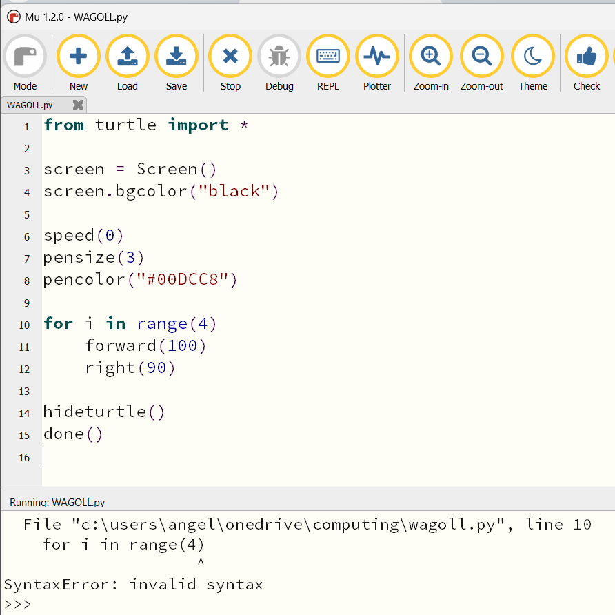WAGOLL showing a buggy Turtle program output before debugging