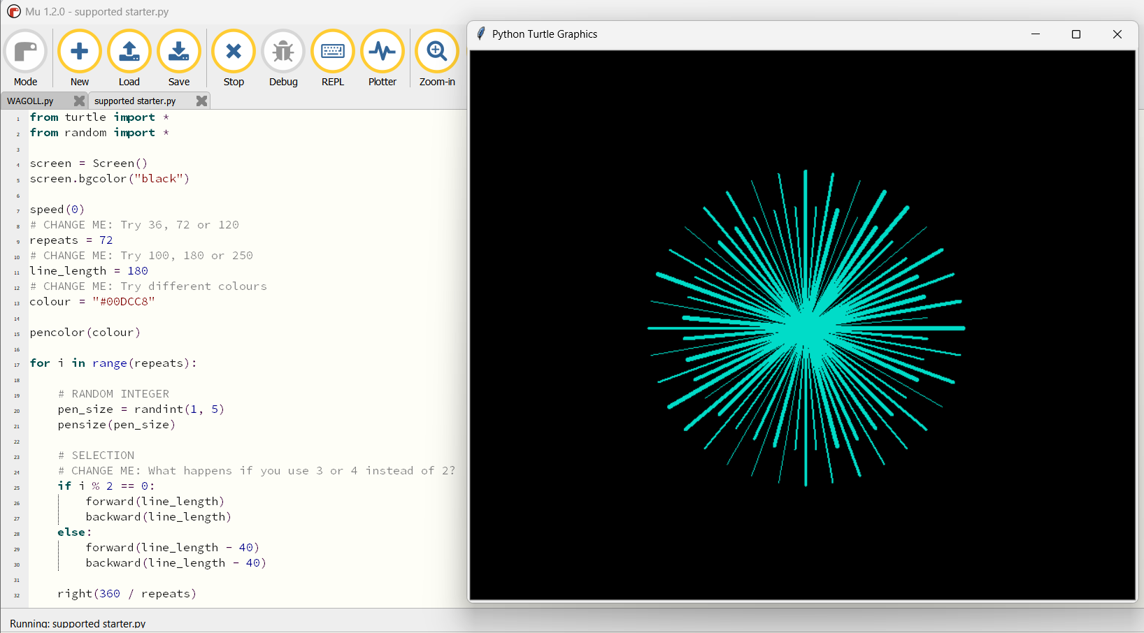 Starburst WAGOLL Turtle artwork showing a neon generative starburst design