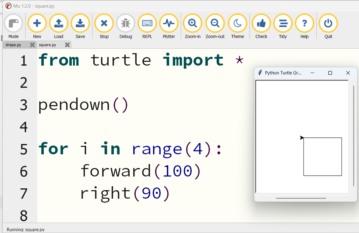 Python Turtle code in Mu Editor showing movement commands