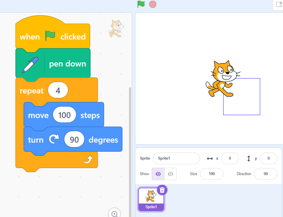 Scratch block code showing movement commands